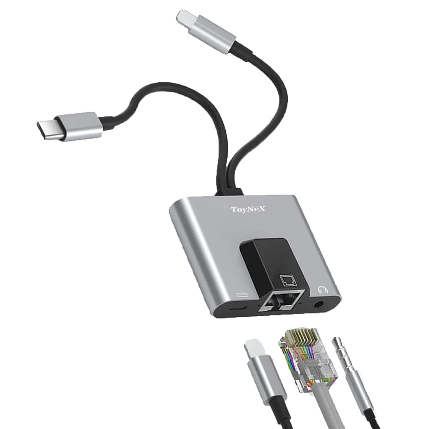 3-in-1 Lightning & USB-C Male to Lightning Charging, RJ45 LAN Ethernet & 3.5mm Audio Jack Multiport Hub Adapter for Laptops, Tablets & Mobile Phones (Space Grey).-image-44
