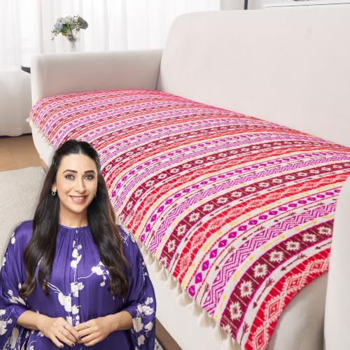 Image of HOKIPO Sofa Cover Mat with Tassel | 300 GSM Cotton Acrylic Jacquard for 3 Seater Sofa,'Trivana Series' Hot Pink (IN-936-J3*S)