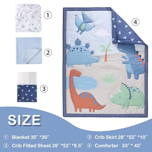 Image of Dinosaur Crib Bedding Set for Boys 4pcs,Baby Nursery Bedding Crib Set Including Quilt,Skirt,Sheet, Blanket.Blue Crib Sets