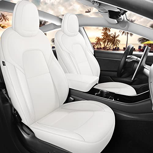 MeeKooMay White Car Seat Cover for Tesla Model 3 2017 2018 2019 2020 2021 2022 2023 Airbag Compatible Waterproof Nappa Leather Seat Cover Full Set (White-Model 3)