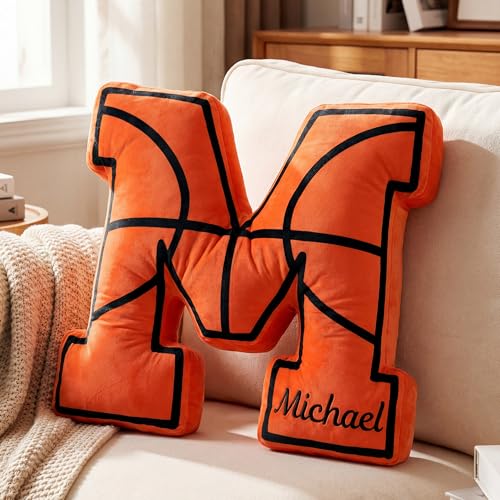 Easycosy Personalized Basketball Pillow with Name Basketball Throw Pillow Customized Letter Shape Plush Cushion Custom Monogram Pillow for Kids Sports Fan Basketball Coach Gifts