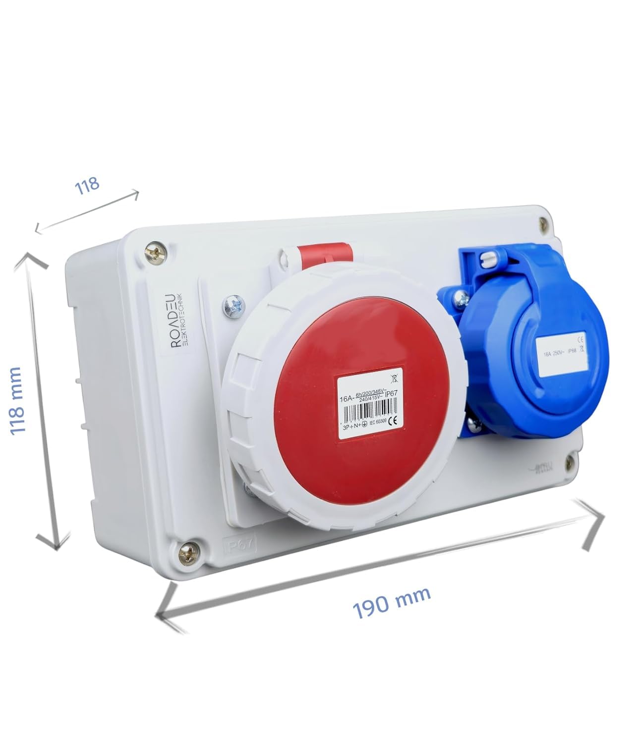 RoadEu – Steckdosenverteiler Schuko 230V + CEE 16A 5-polig, Stromverteiler IP67 Wasserdicht, Außensteckdose mit Abdeckung, Baustromverteiler für Indoor/Outdoor