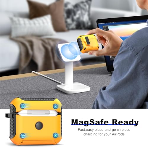 Image of RFUNGUANGO AirPods 3 Case with Lock Magnetic Lid Phone Stand, Yellow