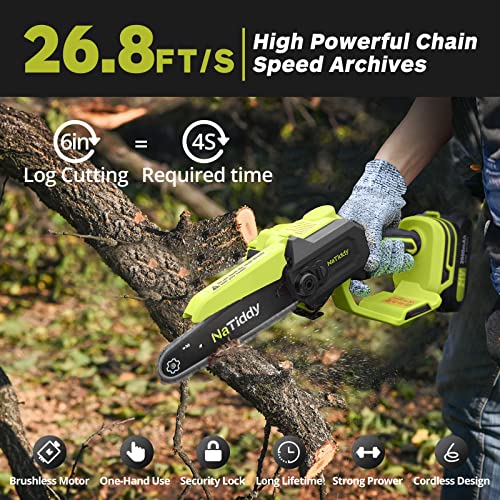Natiddy Mini Chainsaw 6 Inch Cordless,Upgraded 21V Brushless Battery Powered Chainsaw,Portable One-Hand Rechargeable Handheld Electric Chainsaw For Wood Cutting Tree Trimming (2 Batteries, 2 Chains) #TOP3