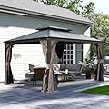 Domi 10x13FT Outdoor Gazebo, Hardtop Gazebo with Galvanized Steel Double Roof, Metal Gazebos with Drainage System Patio Pergola for Patio Deck Backyard,Curtain and Netting,Brown