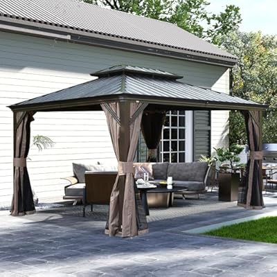 Domi 10x13FT Outdoor Gazebo, Hardtop Gazebo with Galvanized Steel Double Roof, Metal Gazebos with Drainage System Patio Pergola for Patio Deck Backyard,Curtain and Netting,Brown