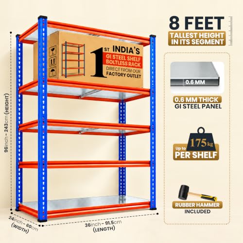 Image of JD Fresh 5 Tier Multipurpose Metal Storage Rack /96 Inch Height GI Steel Shelf Boltless Rack with Stiffener /Adjustable Standing Shelves /175kg Load Per Shelf /Storage Rack for Shop /Warehouse -Blue&Orange