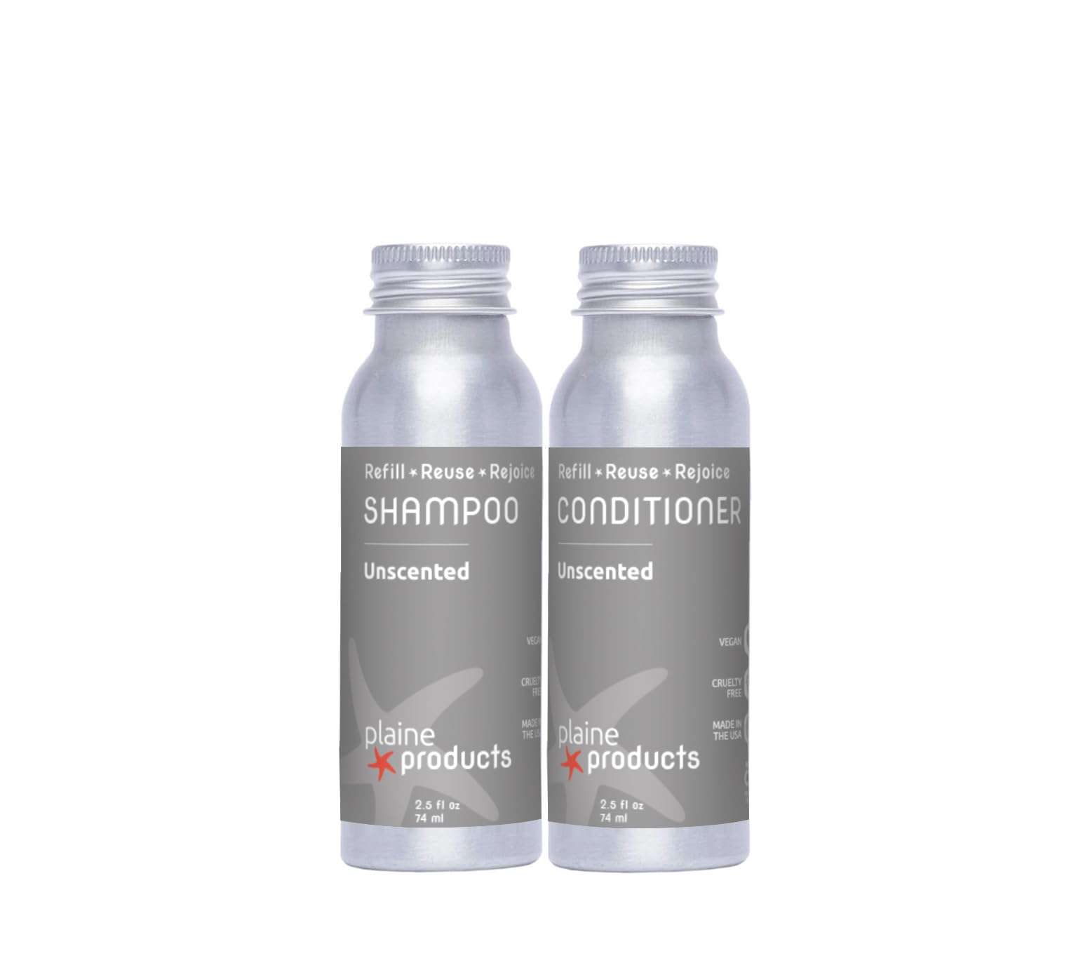 Plaine Products Eco-Friendly Travel Size Shampoo and Conditioner - Unscented - Sulfate/Paraben/Phthalate Free, 2.5oz Refillable Aluminum Bottles