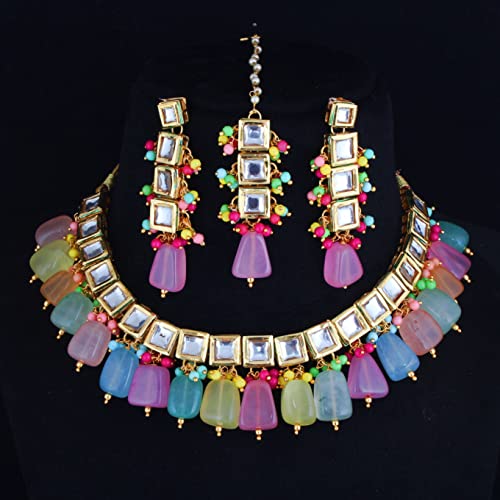 Image of LUCKY JEWELLERY Back Meenakari 18k Gold Plated Mutlicolor Color Square Shape Tika Earring Combo Jewellery Set Uncut Kundan Big Kundan Dibbi Kundan Choker Necklace Set for Girl's & Women