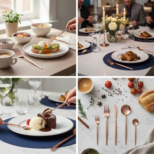 Image of 15 Pcs Rosegold Cutlery Set for Dining Table the Perfect Lightweight Silim Handle Tableware Including Dinner Spoon, Dinner Fork, Dinner Knife, Dessert Spoon & Dessert Fork