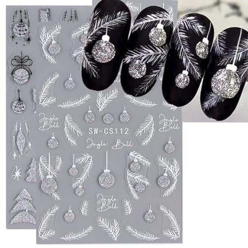 Christmas Nail Art Stickers Winter Snowflake Nail Decals 3D Sliver Glitter Xmas Tree Feather Wine Christmas Stickers Nail Art Supplies French New Year Nail Design Manicure Decal for Women Girls