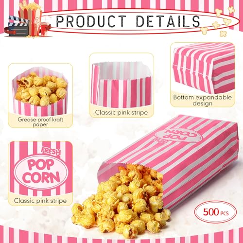 Image of Sherr 500 Pcs 2oz Popcorn Bags Bulk Pink Retro Stripes Disposable Popcorn Bags for Circus Carnival Party Favors Movie Nights Birthday Party Event Supplies Machine Accessories