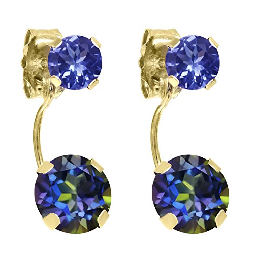 Gem Stone King 2.20 Cttw Round Blue Mystic Topaz and Blue Tanzanite 14K Yellow Gold Earrings for Women | Gemstone Birthstone | Round 6MM and 4MM