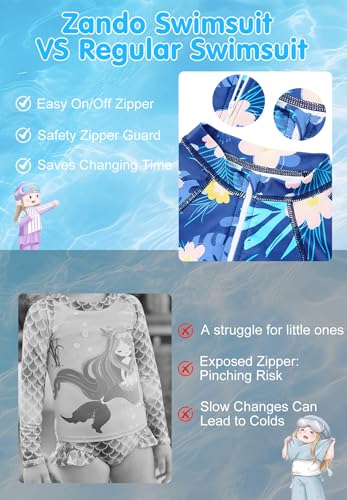 Image of Zando UPF50+ Girls Long Sleeve One Piece Swimsuit with Zipper - Rash Guard for Teens Toddler Kids 2-15 Years