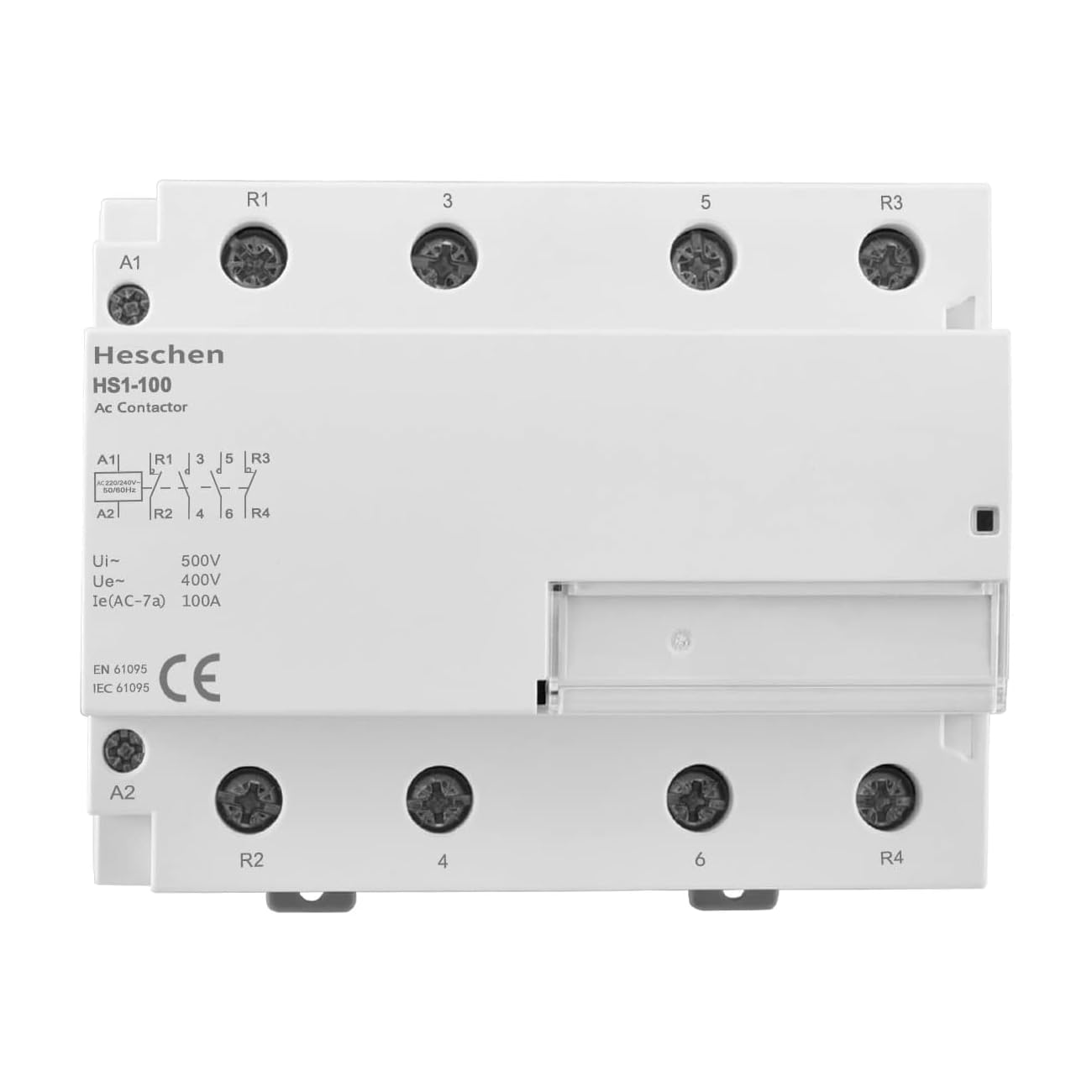 Heschen Contactor de CA para el hogar, HS1-100, Ie 100A, 4 polos 2NO 2NC, voltaje de bobina AC 220V, montaje en riel DIN de 35mm