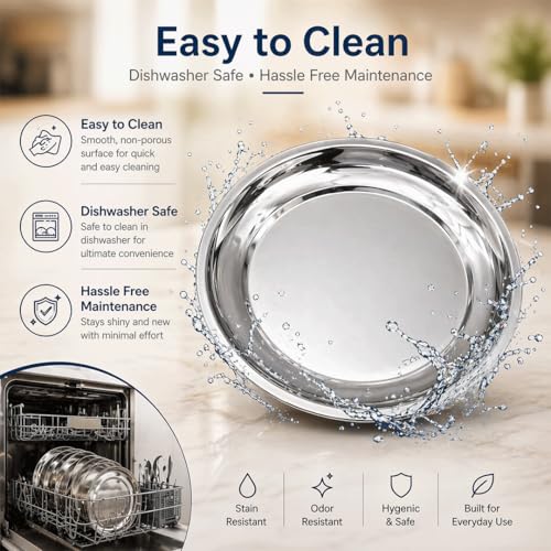 Image of MIKANIX Stainless Steel Dinner Plates | Heavy Duty Steel Thali | Food Grade, Rust Resistant, Durable Dinner Plates | Round Serving Plates for Kitchen, Dining, Home Use (Pack of 4)