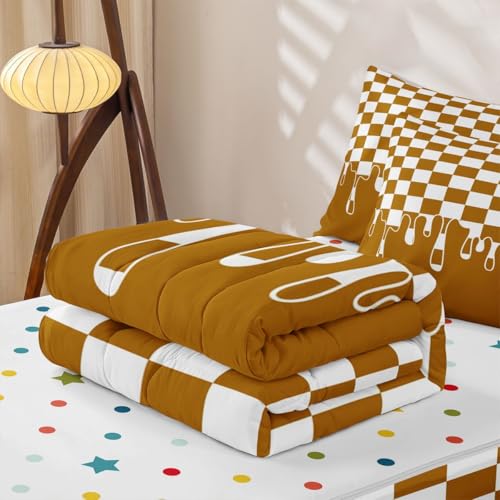 Image of Mustard Orange Checkered Zipper Bedding Full - 4 Piece Zip Up Comforter Set with Fitted Sheet & Pillowcases,Durable Bed-in-a-Bag Set Bedding for Kids,Checkerboard Drip Cool Aesthetic Funky Geometric
