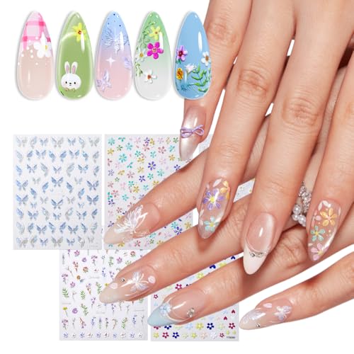 Image of modelones Flower Nail Stickers, 3D Embossed Colorful Floral Daisy Heart Bunny Nails Supplies Flower Nail Art Design for Spring Easter Manicure DIY Nail for Women & Kids 5Pcs