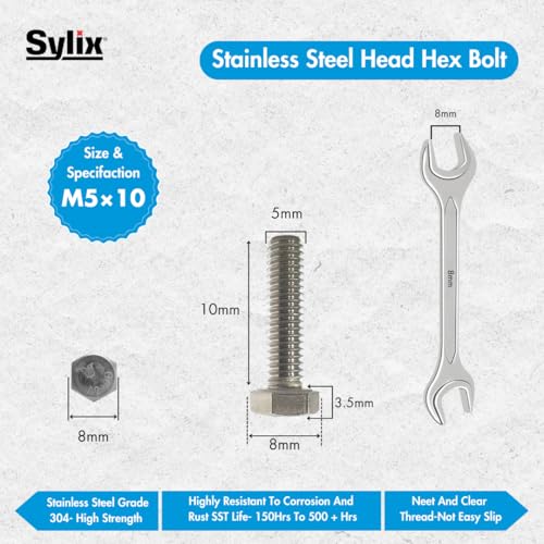 Image of SYLIX M5 x 10mm Stainless Steel Hex Head Bolt with Nut & Washer Set Rust-Proof, Precision Threaded, Heavy-Duty Fasteners for DIY, Automotive, Industrial Use (100 PCS)