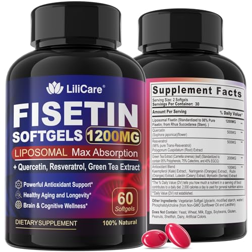 LILICARE Fisetin Supplement - Liposomal Super Absorption 98% Pure 1200mg with Quercetin Resveratrol Green Tea Extract for Healthy Aging & Longevity Skin Health Brain & Antioxidant - 60 Softgels