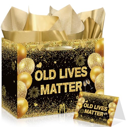 Funny Birthday Bag Black Gold Birthday Gift Bag for Men Old Lives Matter Wrapping Paper with Tissue Paper Greeting Card Retirement Gift Wrap Bags for Dad Grandpa Husband Bday Party Decoration Suppllies