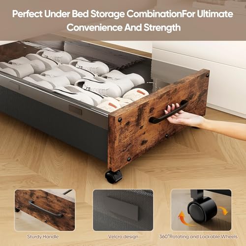 Under Bed Storage with Wheels, 2 Packs Wooden Storage Containers Extra Large Underbed Shoes Organizer, Rolling Under Bed Storage Drawers with Clear Lid, Heavy Duty for Clothes Toys 36"L (Walnut)