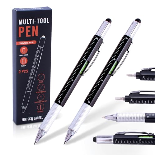 The Brisk Barrel 6-in-1 Multitool Pen Set of 2. Multi Pen Tools. Lightweight Cool Pens For Men And Dads. Measure, and Scribble with Style - Perfect Stocking Stuffers. Gift for Husband, Father