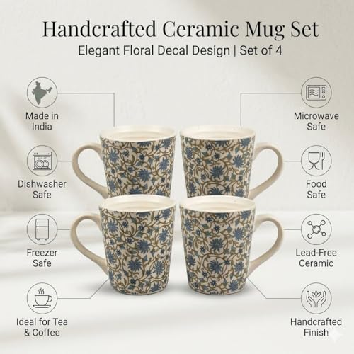 Image of miah decor Stoneware Coffee Mugs Set of 4 | Blue Floral Ceramic Tea & Coffee Cups | Microwave & Dishwasher Safe Mug Set | Food Safe Ceramic Cups for Coffee, Tea, Hot Chocolate & Bake Serve