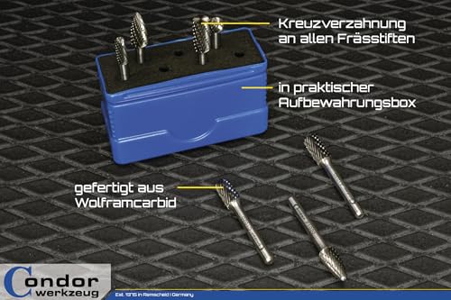 CONDOR Werkzeug 9817 | Hartmetall-Frässtift-Satz Rotationsfräser | 7-teilig | Wolfrahmstahl | ø 6 + 10 mm | Schaft 6 mm | geeignet für Holzbearbeitung, Schnitzen, Metallpolieren, Gravieren und Bohren