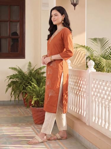Image of INDO ERA Women Viscose Rayon Straight Fit Straight Floral Embroidered Kurtas