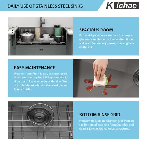 Image of 33 Black Drop In Kitchen Sink - Kichae 33 x 22 Drop In Kitchen Sink Workstation Gunmetal Black Nano Coating 304 Stainless Steel 16 Gauge with Glass Rinser & Cutting Board