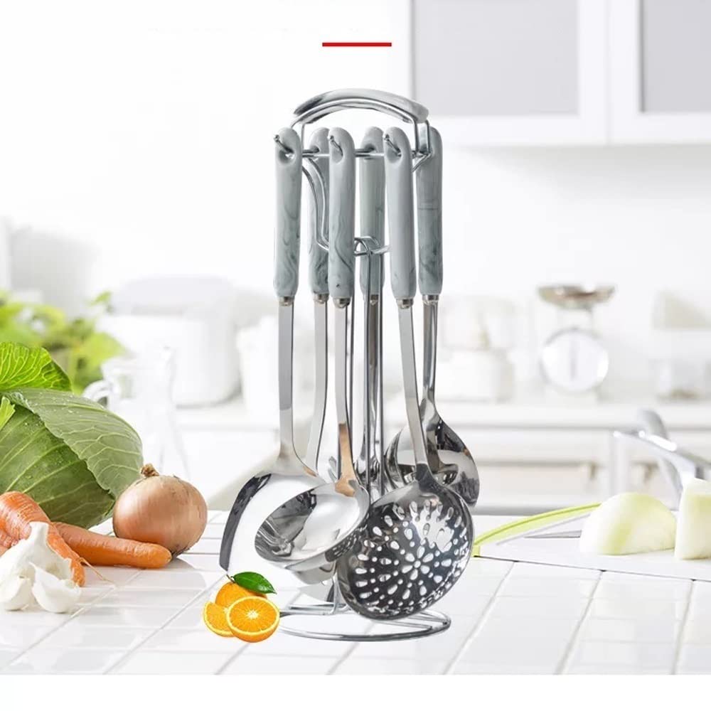 Kochlöffel und Pfannenwender aus Edelstahl, Kochutensilien, 7-teiliges Set, Küchenwerkzeuge und -geräte (Silber)
