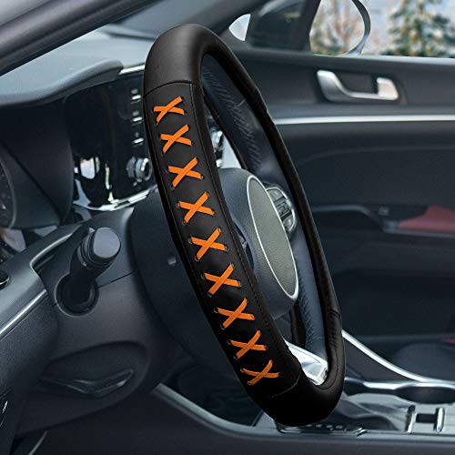 Image of FH Group Universal Fit 15 Inch Genuine Leather with Lace-Up Detailing Steering Wheel Cover fits Most Cars, SUVs Orange