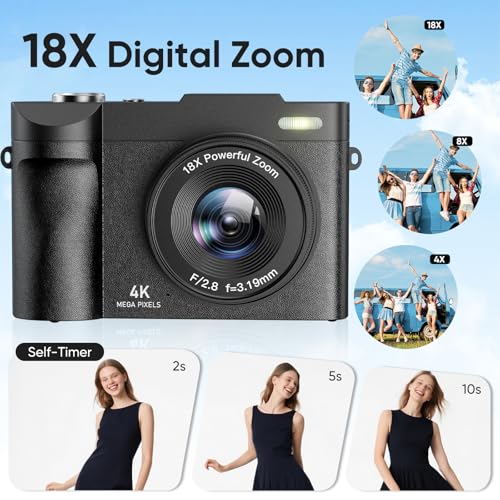 Image of 4K Digital Camera for Photography- 50MP Autofocus Vlogging Camera with 2.8 inch 180Flip Screen, 18X Digital Zoom- Compact Point and Shoot Camera with 32GB TF for YouTube, Travel, Beginners, Black