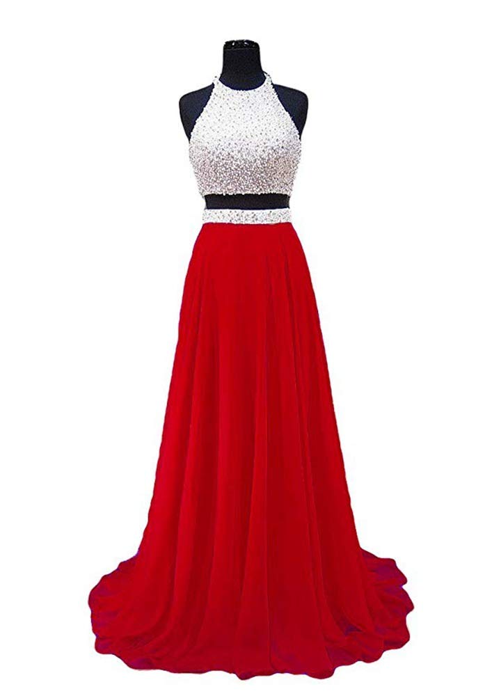 Women's High Neck Two Piece Prom Dresses Beaded Party Formal Evening Dress