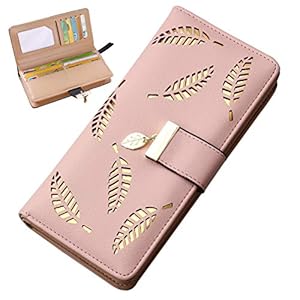 kuou Pink Leather Long Purse, Cute Women Leather Wallet Purses Women Fashion Long Purse Ladies Purse Clutch Holder Case…