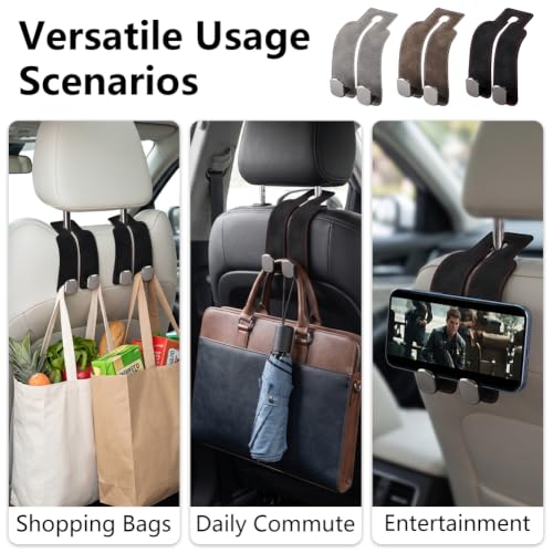 Image of Car Seat Back Organizer, Twinhook Leather Car Headrest Organizer (4, Grey) | Heavy Duty Car Seat Holder for Purses and Bags, Car Purse Hanger with Dual Hooks for Travel
