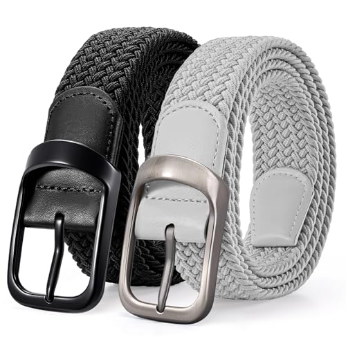 LEACOOLKEY 2 Pack Stretch Belts for Men Elastic Woven Braided Belt 1 3/8 Casual Golf Belt for Jeans Pants