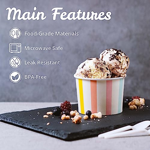 Image of MATICAN Paper Ice Cream Cups, 50-Count 5.5-Oz Disposable Dessert, Snack Bowls for Hot or Cold Food, 5.5-Ounce Party Supplies Treat Cups for Sundae, Frozen Yogurt, Soup, Pastel Stripes