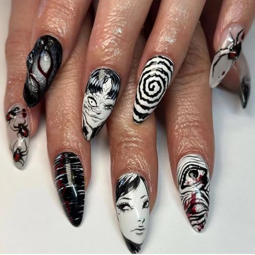 24Pcs Punk Black Press on Nails Medium Almond Fake Nails Gothic C...