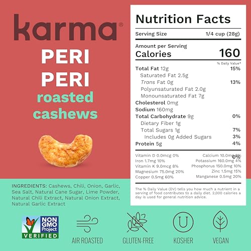 Image of Peri Peri Air Roasted Whole Cashews by Karma Nuts, Savory, Spicy, Peanut-Free Facility, Kosher, Everyday Nut Snack, 7oz Resealable Bag - 6 pack