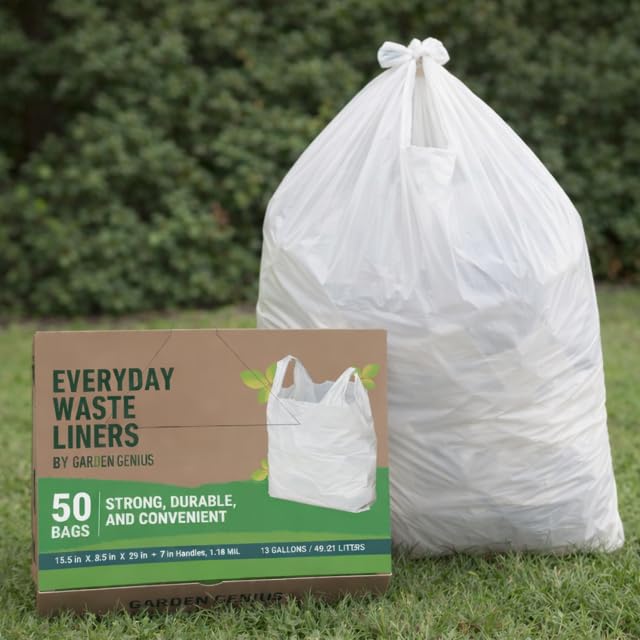 Image of Biodegradable 13 Gallon White Kitchen Trash Bags with Ergonomic Handles (50 Pack) - Extra Strong, Leak-Proof & Thick 1.18 Mil - 15% Thicker Than Most - Fits Standard 13 Gal Cans - Eco-Friendly D2W