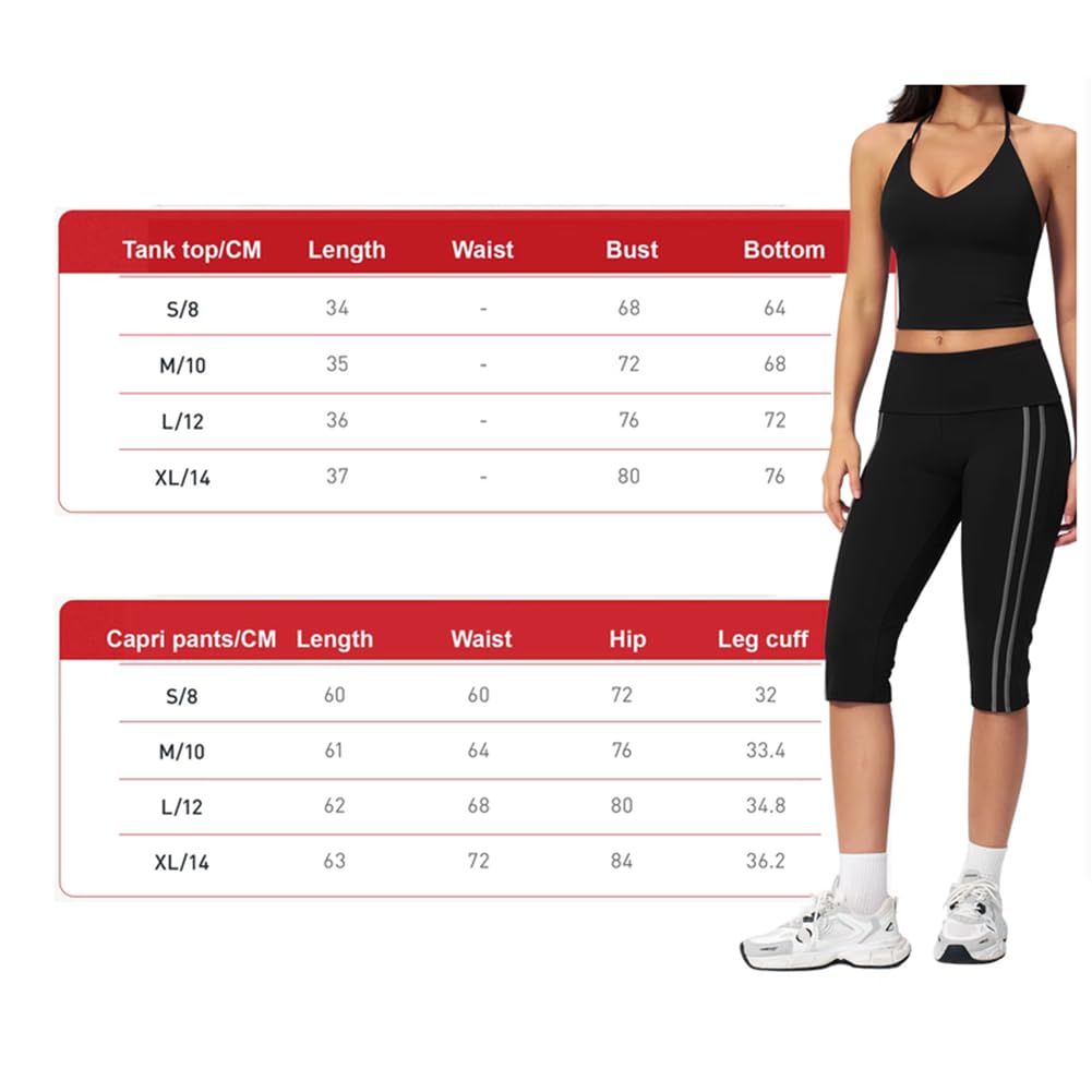 Top Yoga Donna Scollo V Profondo e Pantaloni Capri | Canotta corta halter scollo V, pantaloni yoga capri con strisce laterali e vita ripiegabile, completo fitness 2 pezzi elastic
