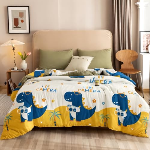 Image of 200 GSM 400 TC Kids Glace Cotton Reversible Cartoon Printed Double Bed King Size Comforter with Matching Bedsheet 90x100 Inches with 2 Pillow Covers Set of 4 Pieces- Blue Dinasour