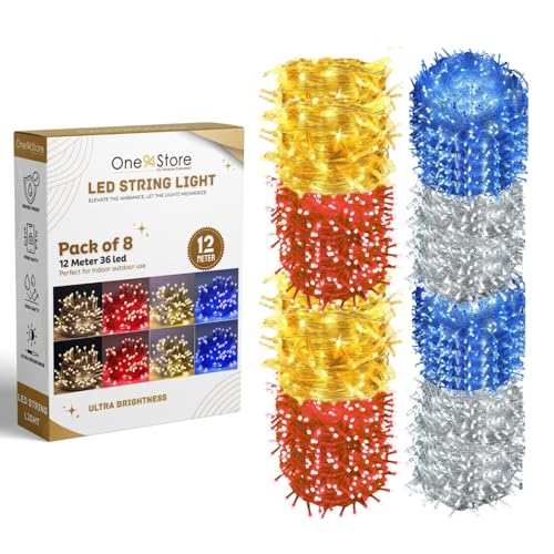 Image of One94Store 12M 36 LED Pixel Decorative String Lights | Warm White, White, Red, Blue | Corded Electric Festival, Party, Home Decoration Lights - Pack of 8 (4 Colors x 2 Each)
