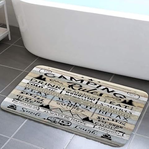 DYNH Camper RV Bath Mat for Travel Trailer Bathroom, Farmhouse Camping Rules Quote Floor Rugs Mats Non Slip Bathroom Happy Camp Decor Accessories 17X29 Inches Kitchen Bedroom Indoor Cover