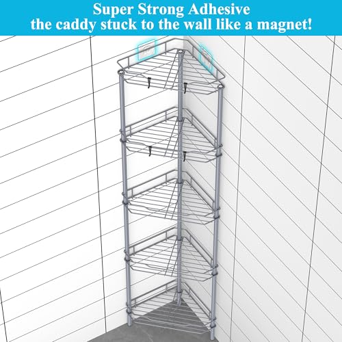 Image of HuggieGems 5 Tier Floor Standing Corner Shower Caddy Organizer Shelf with Hooks, Bathroom Shelves Stand Rack, Dark Gray