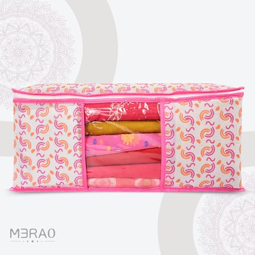 Image of Non-Woven Saree Covers with Zipper & Transparent Window | Clothes Storage Bags for Wardrobe Organization | Dustproof Garment Storage for Sarees, Dresses, and Clothes (Pink, Pack of 20)