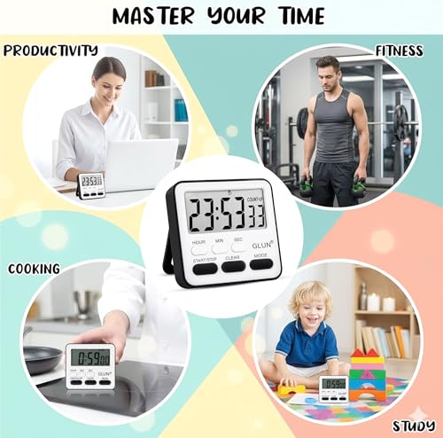 Image of GLUN Digital Kitchen Timer with Clear Loud Alarm for Cooking, Stop Watches Timer Clock with Alarm & Magnetic Back, LCD Backlit Display, Classroom for Kids & Teachers Black Back