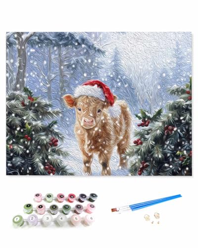 VamJump 数字油絵 手塗り クリスマス サンタ帽 冬 ハイランド牛 油絵 DIY絵 初心者 時間をつぶす 壁飾り アートクラフト 絵画手芸キッ 絵の具をつける 塗りつぶし掛け 30x40cm